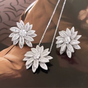 Çiçek Tasarımlı Zirkon Kenar İşleme Gümüş Set
