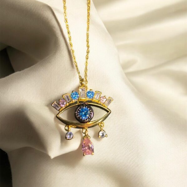 mavi göz baget taşlı gold kolye reyhan coşkun