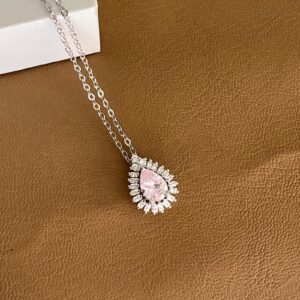 Pembe Zirkon Taşlı Damla Gümüş Kolye