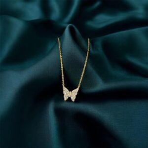 Taşlı Kelebek Gold Gümüş Kolye