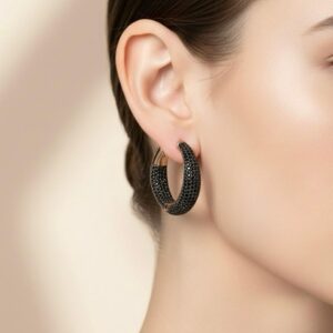 Halkalı Siyah Zirkon Taşlı Rose Gümüş Küpe