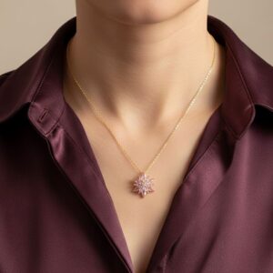 Pembe Zirkon Taşlı Aster Yıldız Çiçeği Gold Gümüş Kolye