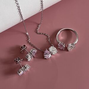 Pembe Beyaz Taşlı Gümüş Set (Kolye,Küpe, Yüzük)